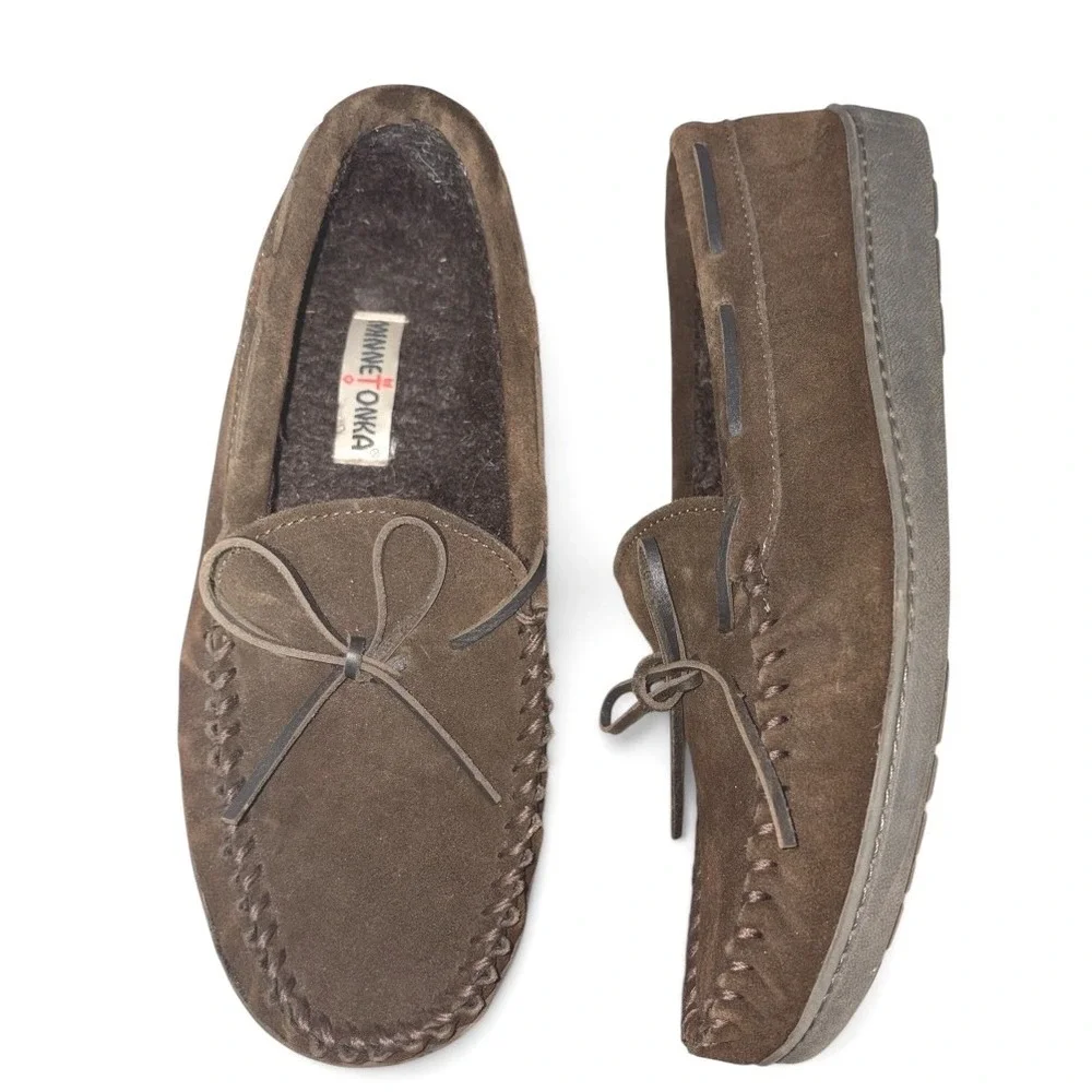Minnetonka Chocolate Brown Suede Casey Slippers shoes Mens sz 11